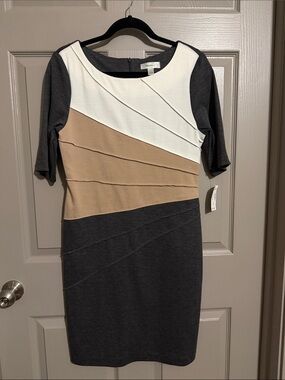 dressbarn Charcoal, Cream & Tan Diagonal Colorblock Midi Dress